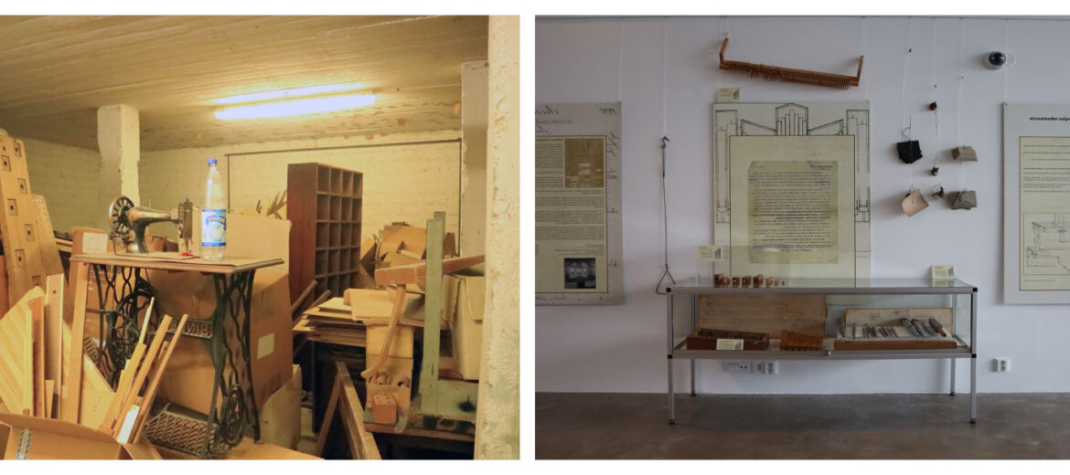 Kaksiosainen kuva, jossa vasemmalla Kangasalan urkutehtaan esinekokoelma kellarivarastossa ja oikealla kuva näyttelyplansseista sekä esineistä vitriinissä.